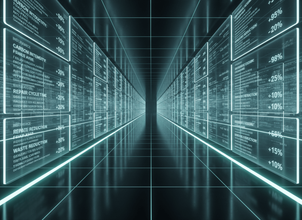 A long, illuminated digital corridor of floating data panels stretching into the distance, each transparent screen showing ESG metrics related to insurance claims and supply chains: carbon intensity, repair cycle times, waste reduction, and compliance scores. The corridor’s floor is a reflective dark surface with faint gridlines, echoing a modern operations center. Soft, cool LED lighting glows from beneath the panels and along the corridor edges, casting gentle reflections and a subtle blue-green aura. Photographic realism with a central vanishing point composition and strong depth, captured at eye level, creates a focused, professional atmosphere that conveys turning complex ESG intent into actionable, trackable outcomes.