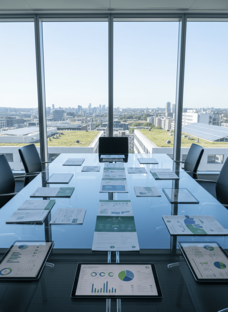 A sleek, glass-walled boardroom table rendered without chairs or people, covered instead with neatly arranged ESG dashboards on thin, bezel-less tablets and printed reports with subtle green and blue infographics. Outside the glass, a panoramic city skyline with clean air, green roofs, and solar panels stretches into the distance. Cool, diffused daylight pours in from floor-to-ceiling windows, creating crisp reflections on the polished table surface and soft shadows under the devices. Photographic realism at eye level, with a slightly wide-angle composition and sharp focus throughout, conveys a professional, forward-looking mood that suggests strategic ESG decision-making for the claims industry.