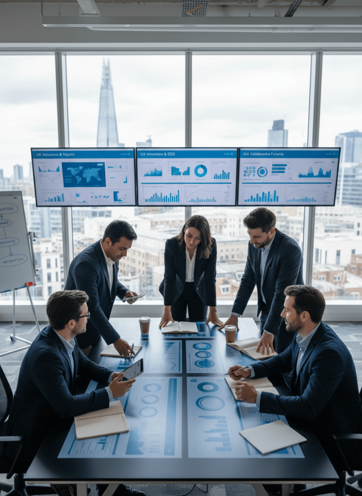 A professional, modern photo illustrating ESG collaboration in the UK insurance sector, different from the hero image — for example, diverse professionals reviewing claims and sustainability data together in an open, bright office setting